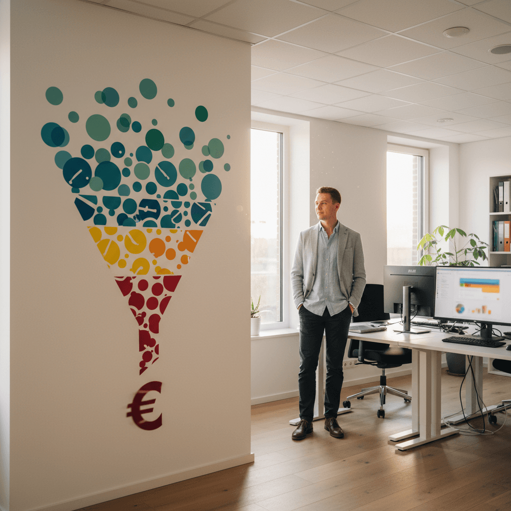 Infographie montrant un entonnoir inversé : 100 appels entrants en haut, 30 appels manqués au milieu, et 18 clients perdus définitivement en bas avec le montant en euros correspondant