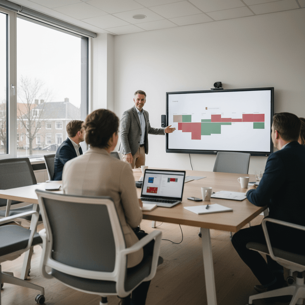 Timeline visuelle d'une journée type de dirigeant de PME avec les créneaux colorés en rouge (indisponible) et vert (disponible), montrant que le vert représente moins de 50% de la journée