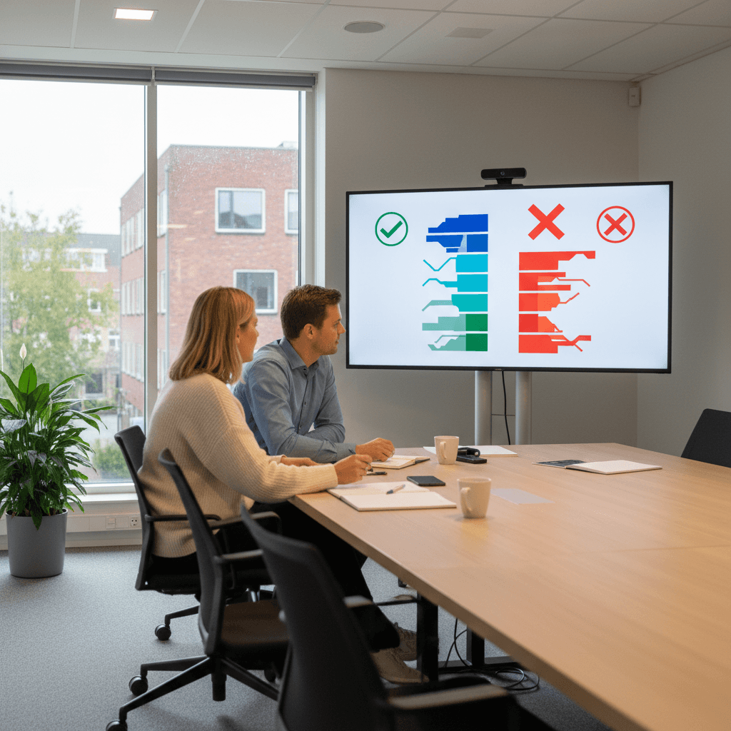 Tableau comparatif avec deux colonnes: phrases conformes (validées) vs phrases non conformes (barrées) pour l'identification d'un agent IA