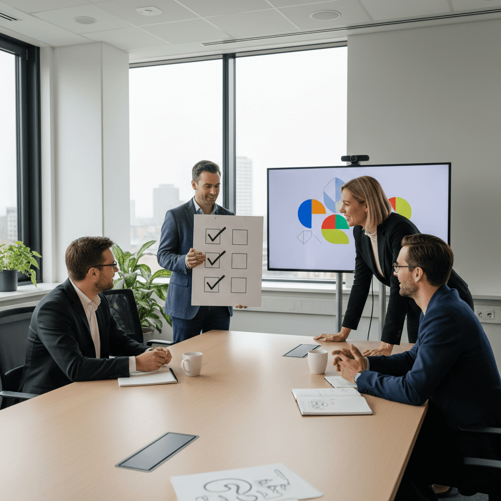 Checklist visuelle avec les 3 questions et des cases à cocher, style professionnel